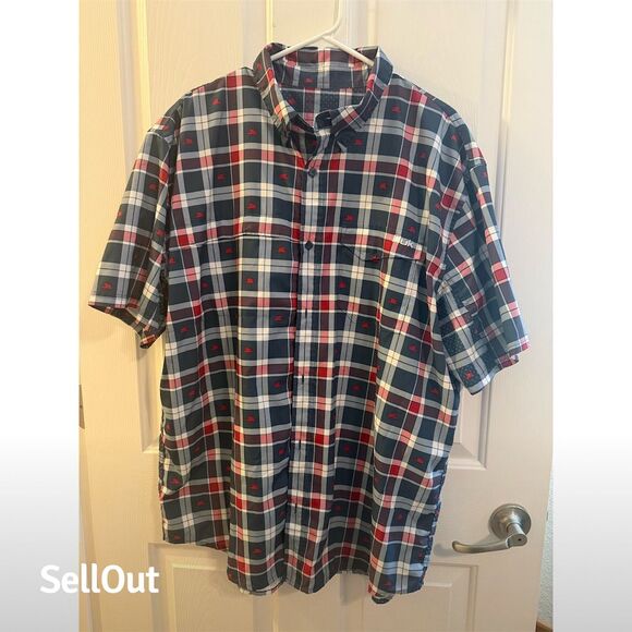 HUK Men's 2XL Plaid Navy Short Sleeve Button-Up Shirt Multicolor Casual - Picture 1 of 2